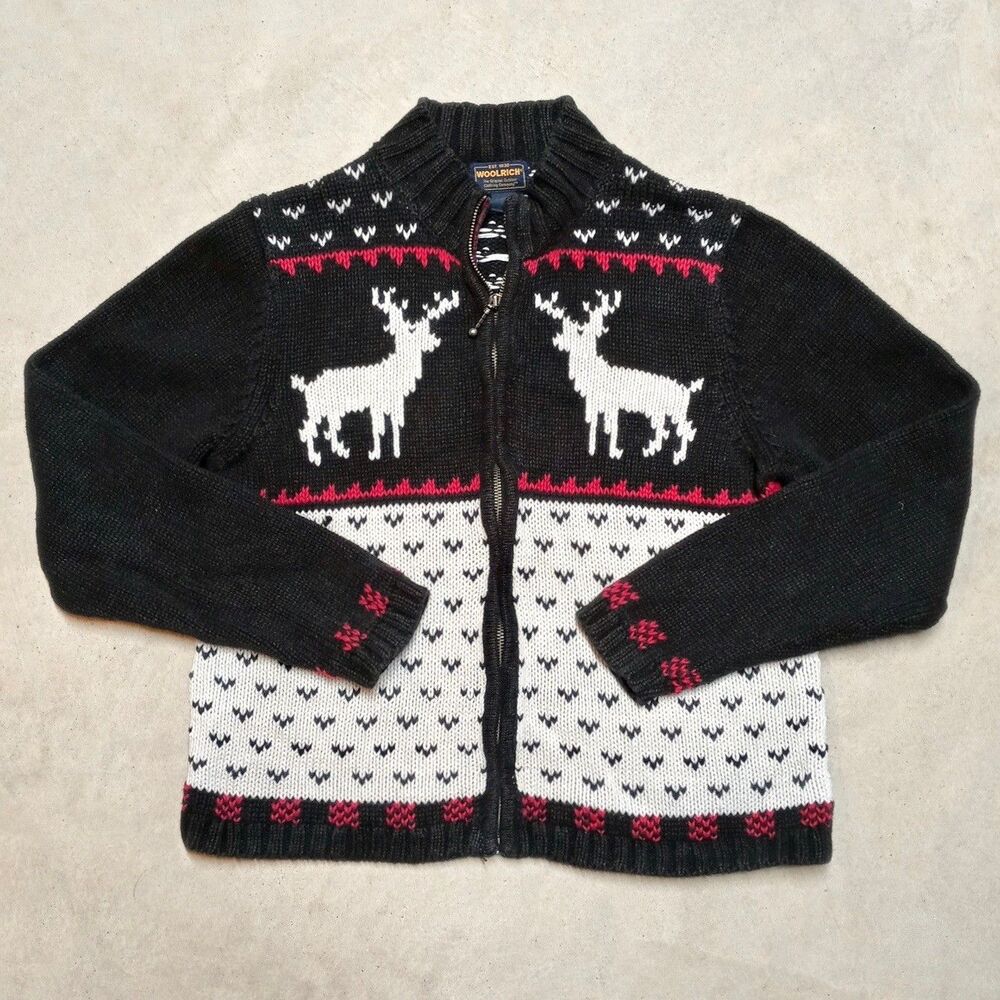 Vintage Woolrich Womens Sweater LARGE Reindeer Christmas Holiday Nordic Cardigan